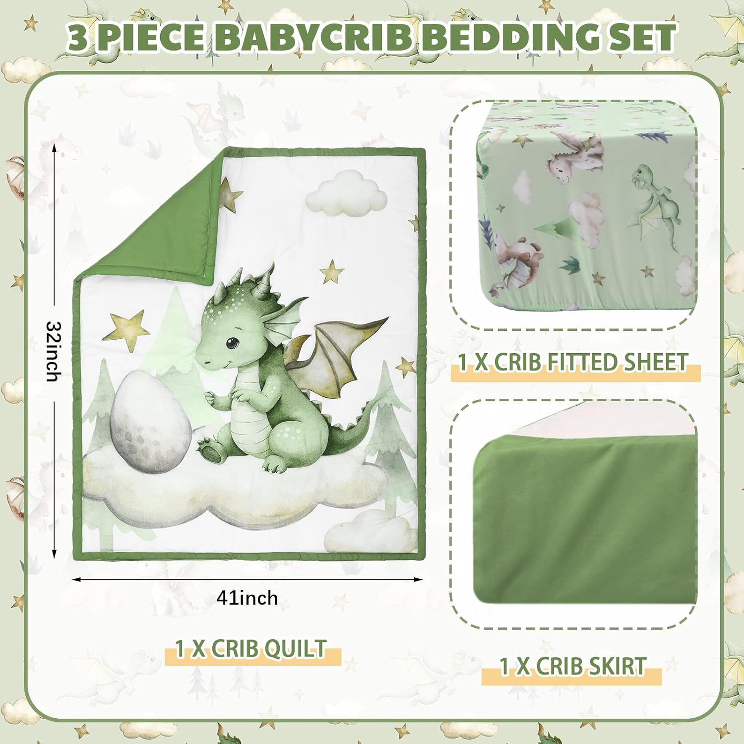 Peryiter 3 Pcs Watercolor Dragon Crib Sheet Set Baby Crib Bedding Set Includes 52"x28" Fitted - Image 3